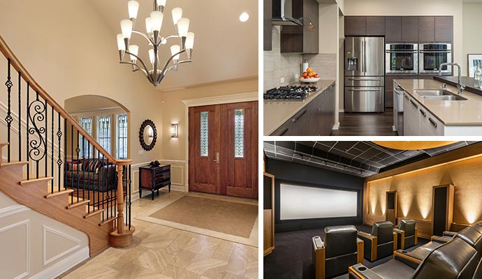 Collage of a clean entryway, kitchen, and home theater room