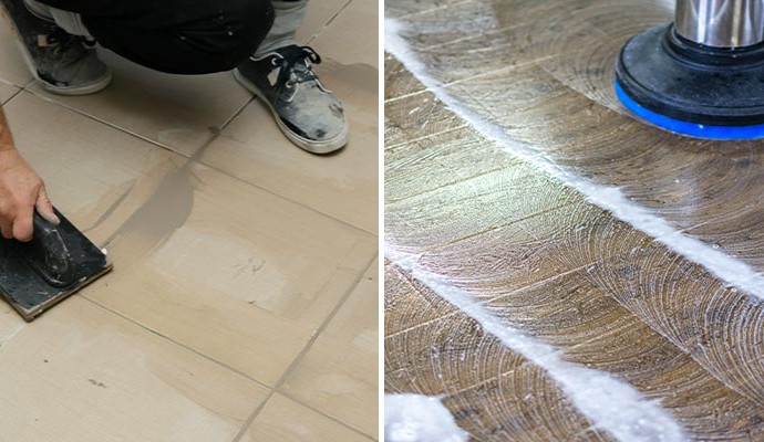 Collage of grout sealing and removing floor wax service