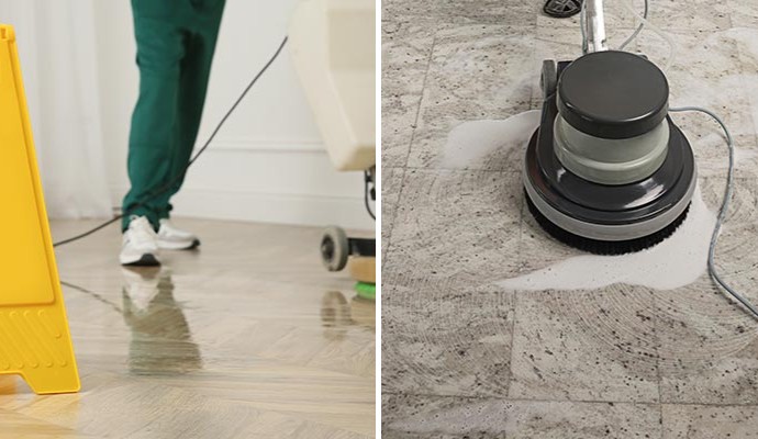 Collage of wood floor and stone floor cleaning service