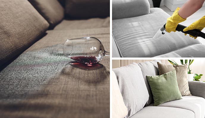 Collage of wet sofa, upholstery cleaning and cleaned upholstery