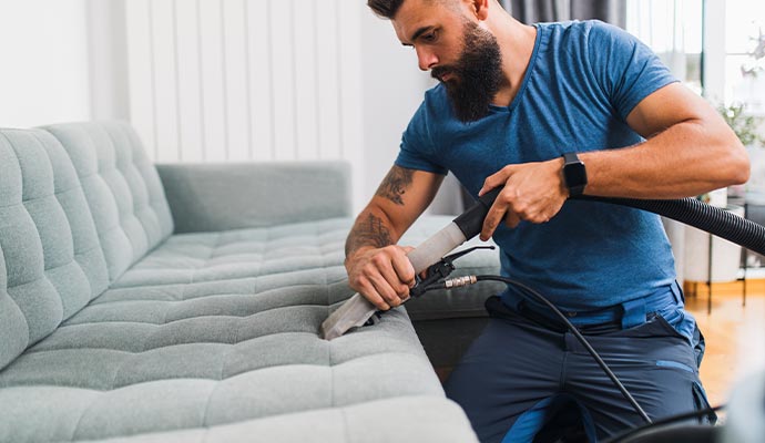 Person cleaning sofa with equipment
